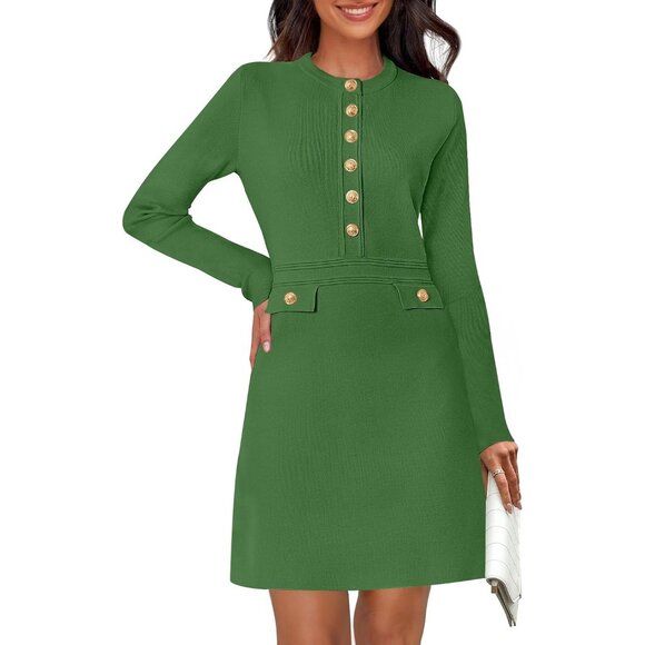Sweaters - Merokeety Women's Green Long Sleeve Sweater Button Crew Neck Mini Dresses